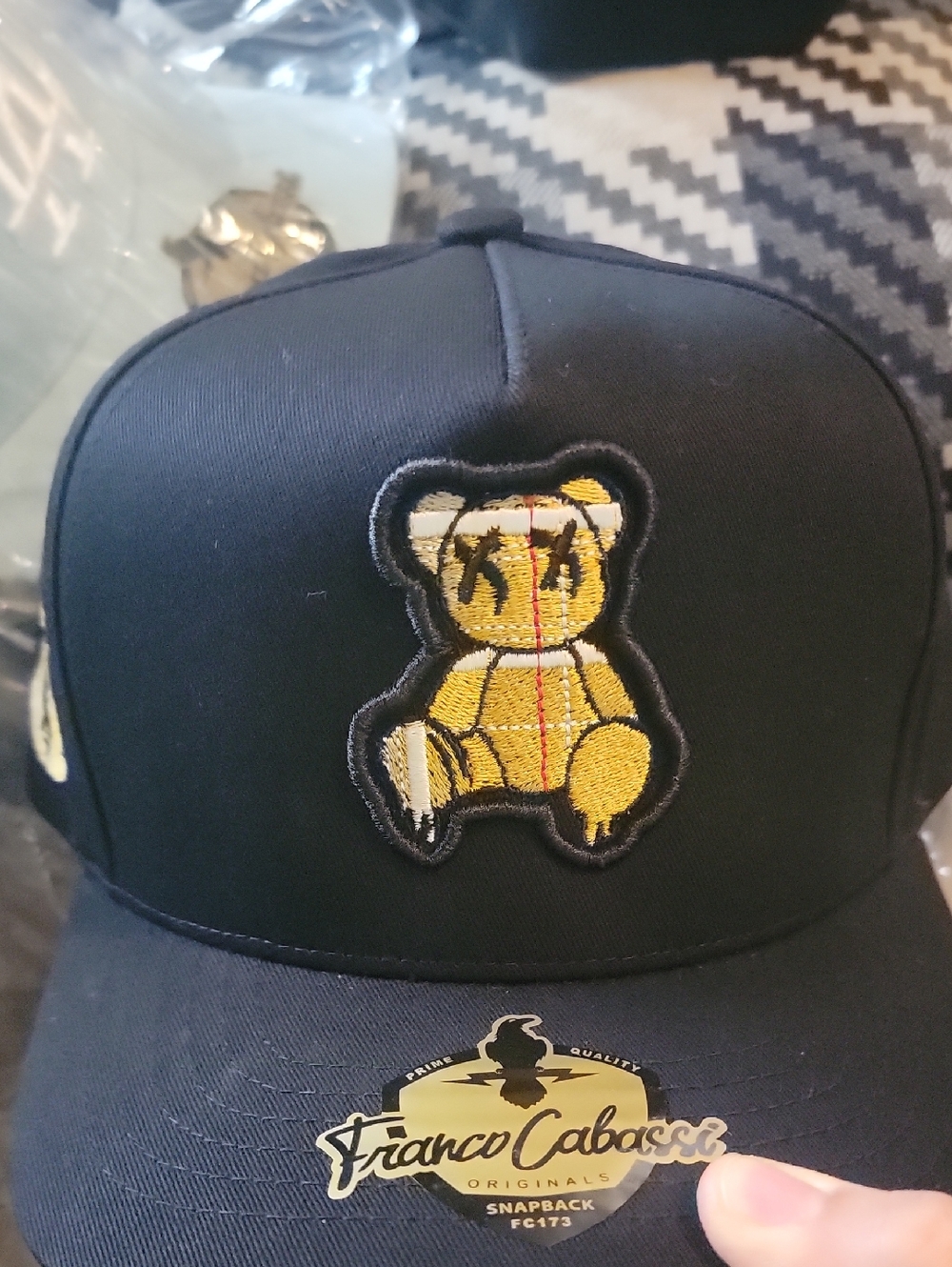 Men Black Snapback Hat with Yellow Bear Patch
